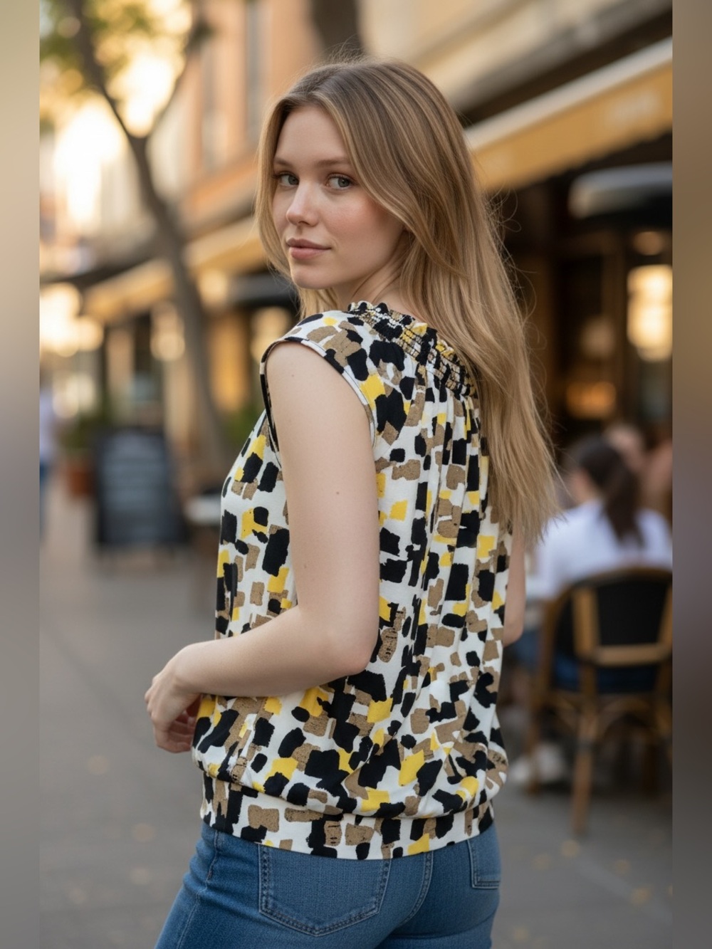 Specklers Printed Sleeveless Smocked Blouse in Yellow, Black & White Size Xl